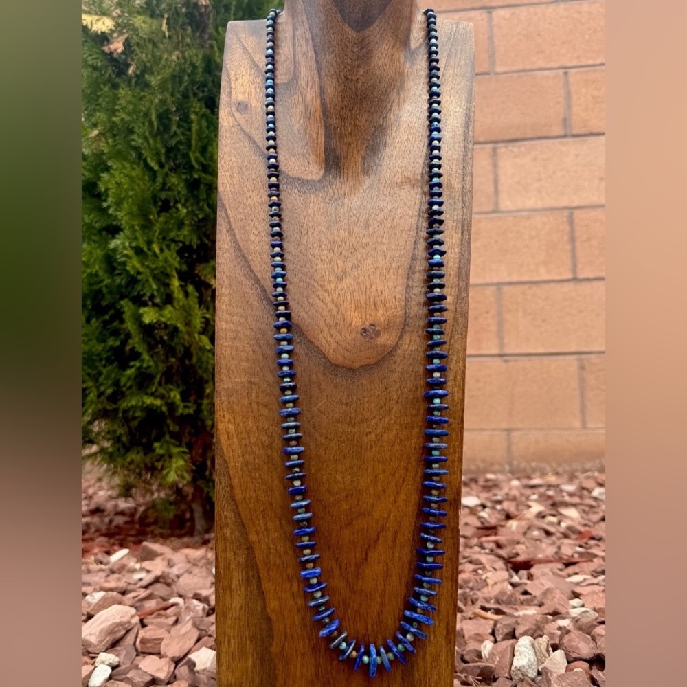 Long Sterling Silver Graduated Blue Lapis Turquoise Bead Necklace. 36 inch